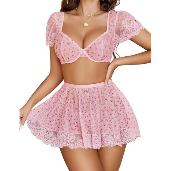 Women Sexy Mesh Top Lingerie Skirts 3 Piece Pink - Picture 2 of 6